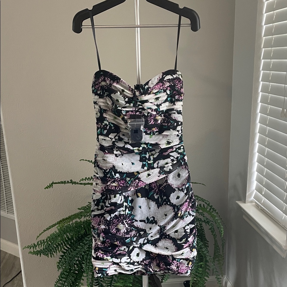 BCBGMaxAzria Strapless Ruched Bodycon Dress in Black, White, Pink & Teal - Picture 7 of 11